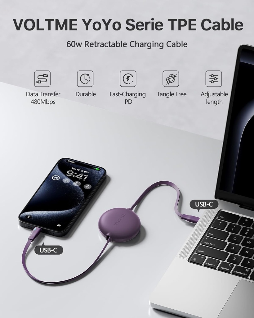 Voltme Powerlink Yoyo Cable 5A 1.0M Retractable (Dual-Way Retractable Cable) Type C To Type C 100W Purple