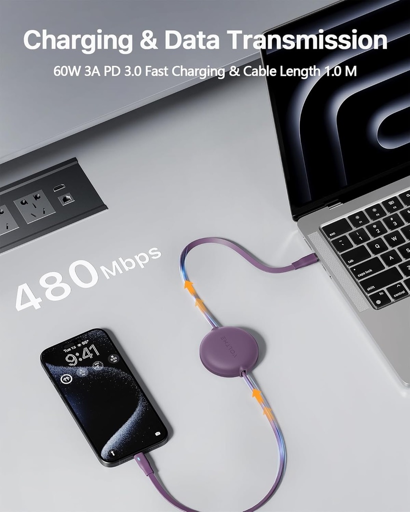 Voltme Powerlink Yoyo Cable 5A 1.0M Retractable (Dual-Way Retractable Cable) Type C To Type C 100W Purple