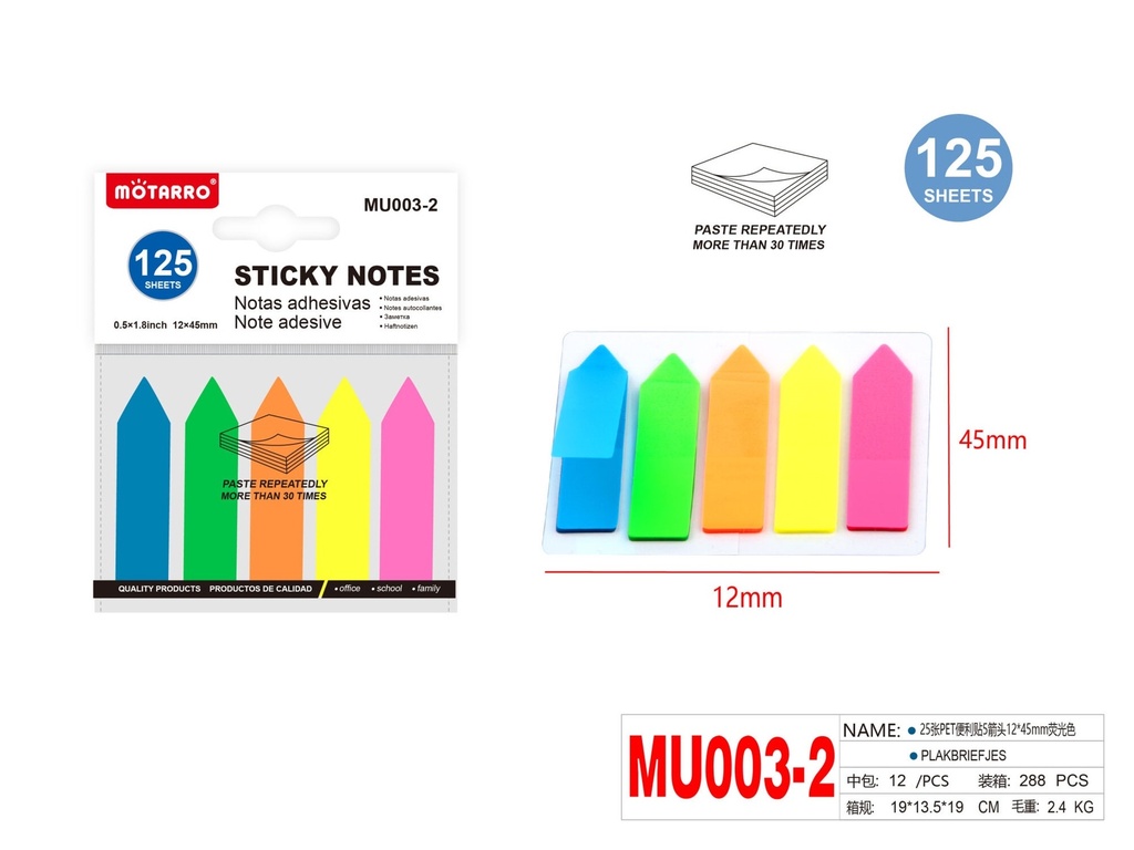 Page Markers Arrows Head 12  X  44 mm - 5 Pads / Pack Fluorescent  - 25 Sheet each color
