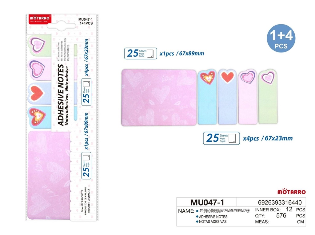 Notes Sticky Set  25 Sheets 26x89mm Plus 4 Pads 67x23mm  Hearts