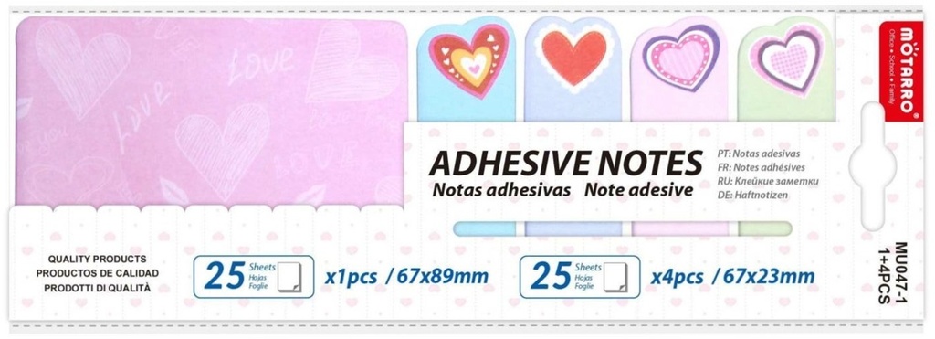 Notes Sticky Set  25 Sheets 26x89mm Plus 4 Pads 67x23mm  Hearts