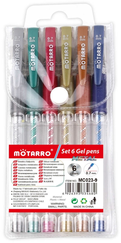 Pen Gel Glitter Cap Off 0.7 mm   MC023-8 Set of 6 Metallic Assorted