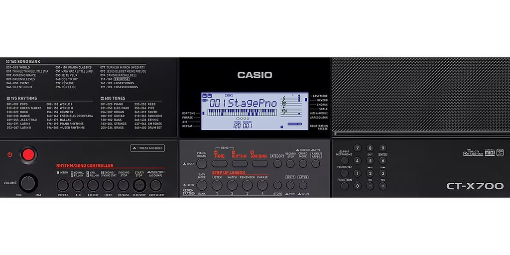 Casio Ct-X700 61-Key Touch Sensitive Keyboard + Ade95100 Le Power Adapter, Lcd Display, 600 Tones, 195 Rhythms, 600 High-Quality Aix Sounds/Grand Piano, Usb Midi / 3.5Mm Aux, Black | Ct-X700