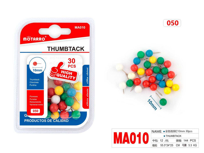 Pin Push  30 Pieces Rounded    Assorted