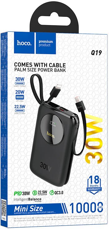 HOCO Q19 Lucky 30W fully compatible power bank with digital display and cable(10000mAh) Black