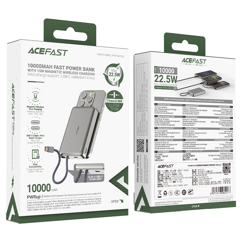 ACEFAST M18-10000 PD20W/22.5W Magnetic Fast Charging Power Bank With Built-in Cable
