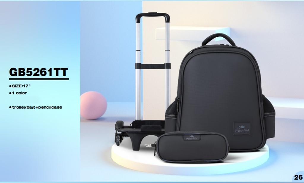 Trolly 3 Wheels Backpack Multi Comp Classic 17"" & , Pencil Case Set GB5261TB/TT Black"