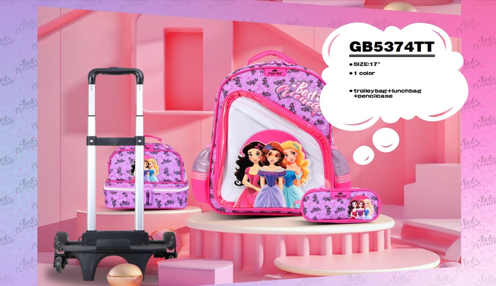Trolly 3 Wheels Backpack Multi Comp Princess Friends 17"" & L.Bag, P.Case Set