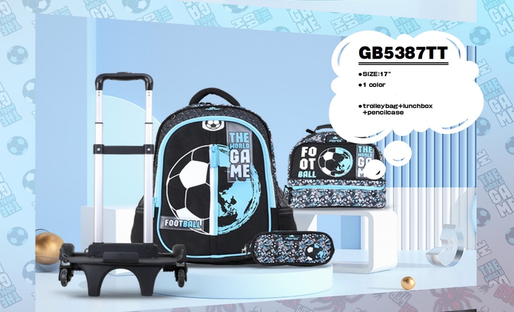 Trolly 3 Wheels Backpack Multi Comp Football Game 17"" & L.Bag, P.Case Set
