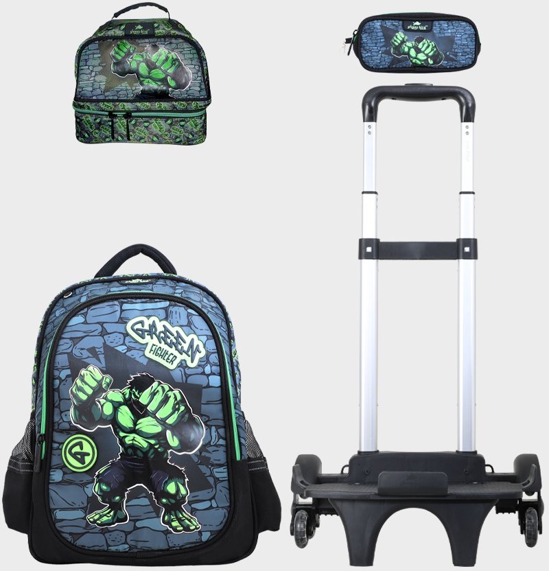 Trolly 3 Wheels Backpack Multi Comp Green Fighter 17"" & L.Bag, P.Case Set