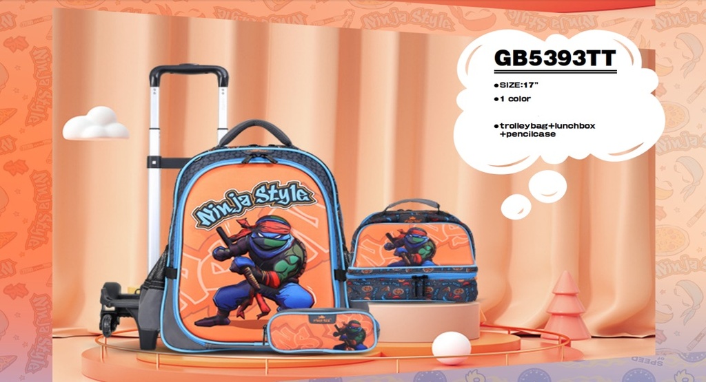 Trolly 3 Wheels Backpack Multi Comp Ninja Style 17"" & L.Bag, P.Case Set