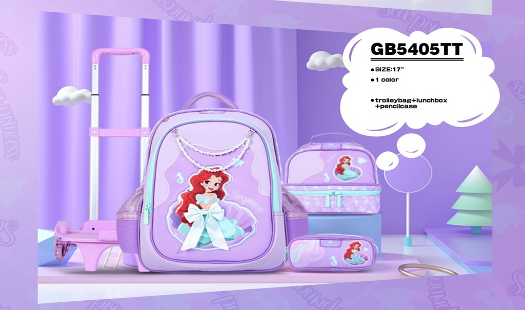 Trolly 3 Wheels Backpack Multi Comp Sea Princess 17"" & L.Bag, P.Case Set