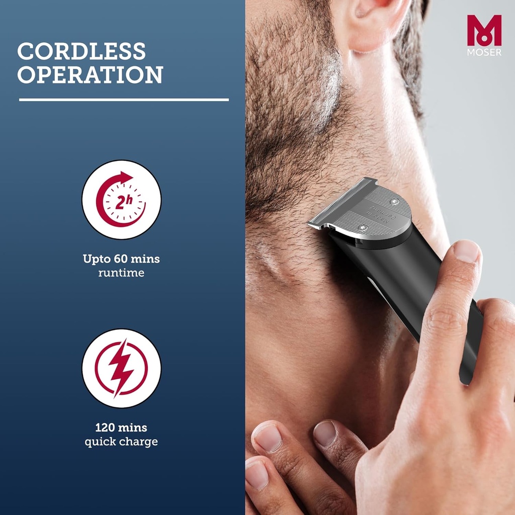 Moser Clipper,T-Cut
Professional Cordless Trimmer With T-Blade. Professional 40 High-Grade Steel T-Blade. 120 Minutes Quick Charge. Up To 60 Minutes Battery Operating Time. Led Charge Indicator.