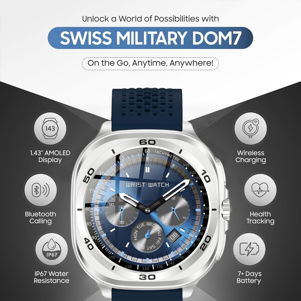Swiss Military Dom7 Smart Watch With Silverframe Blue Silicon