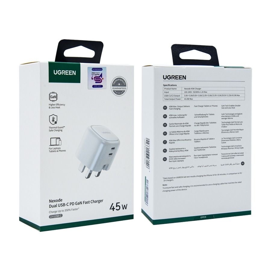 Ugreen Nexode 45W Dual Usb-C Pd Gan Fast Charger Uk (White)
