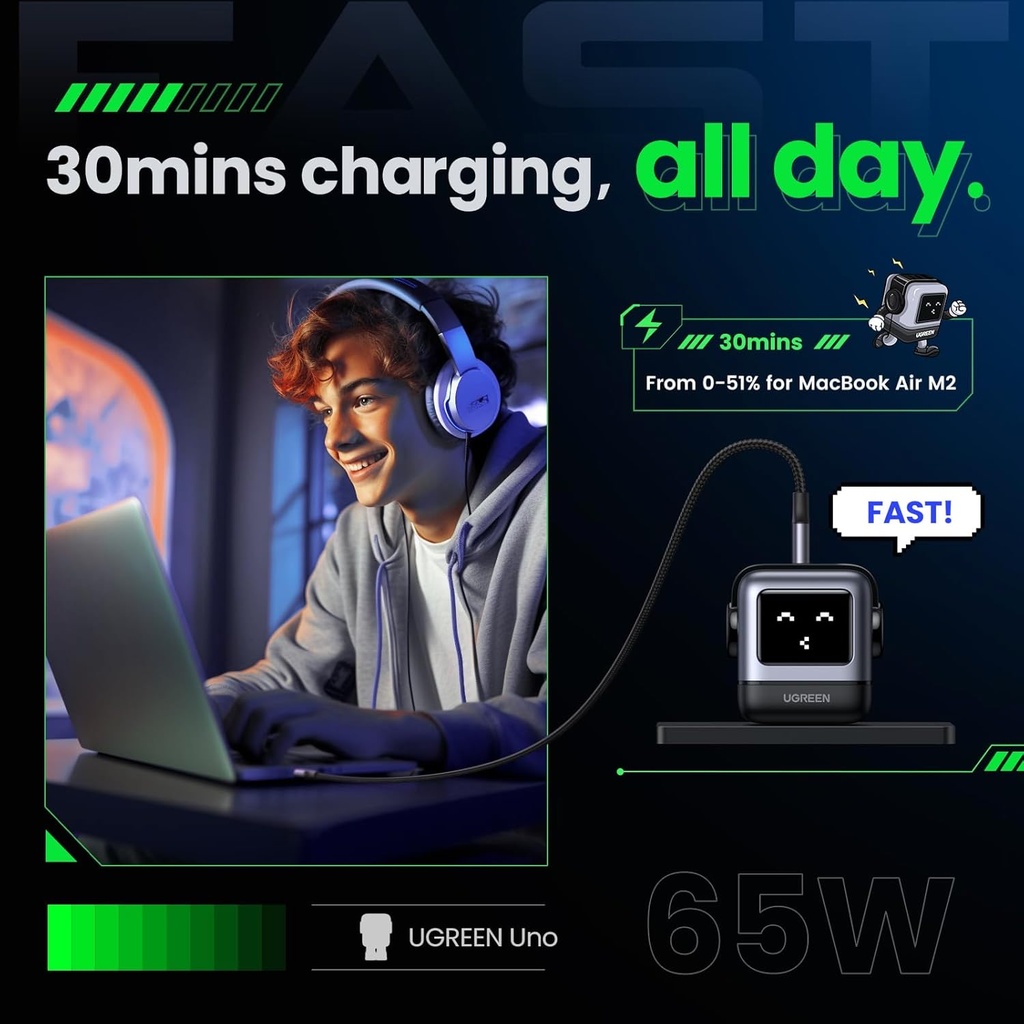 Ugreen Nexode Rg 65W 3-Port Gan Fast Charger Uk Black 