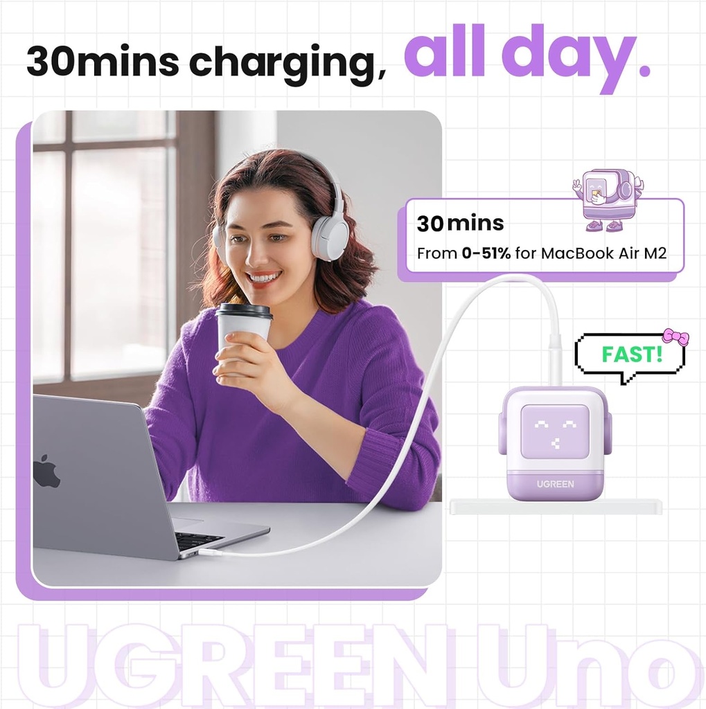 Usb-A+2*Usb-C 65W Robot Gan Tech Fast Charger-Uk Purple