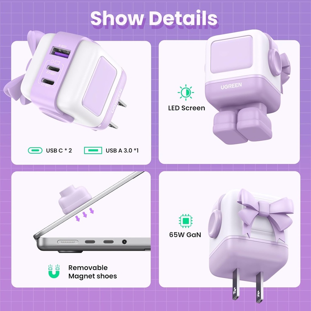 Usb-A+2*Usb-C 65W Robot Gan Tech Fast Charger-Uk Purple