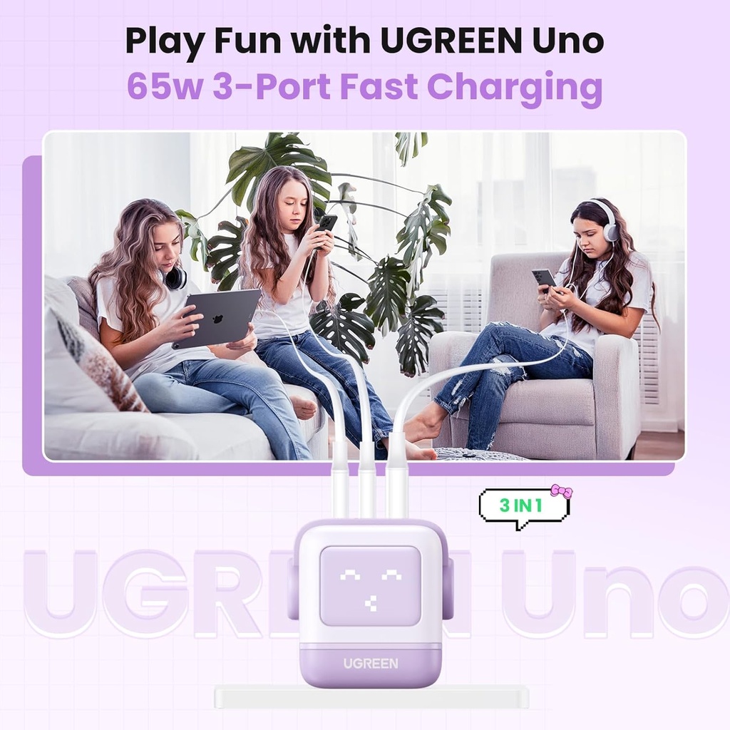 Usb-A+2*Usb-C 65W Robot Gan Tech Fast Charger-Uk Purple