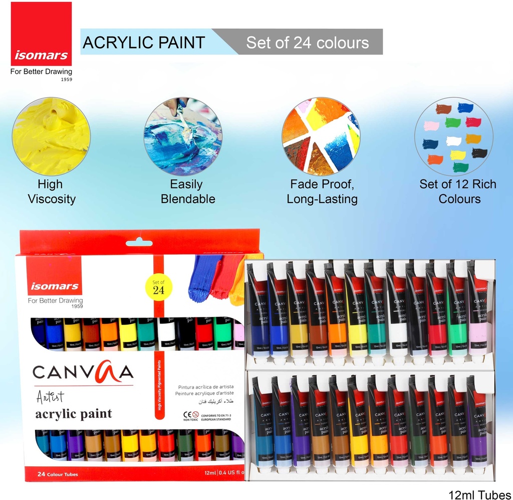 Acrylic Color - Pack of 24 Shades  - 12ml Tube