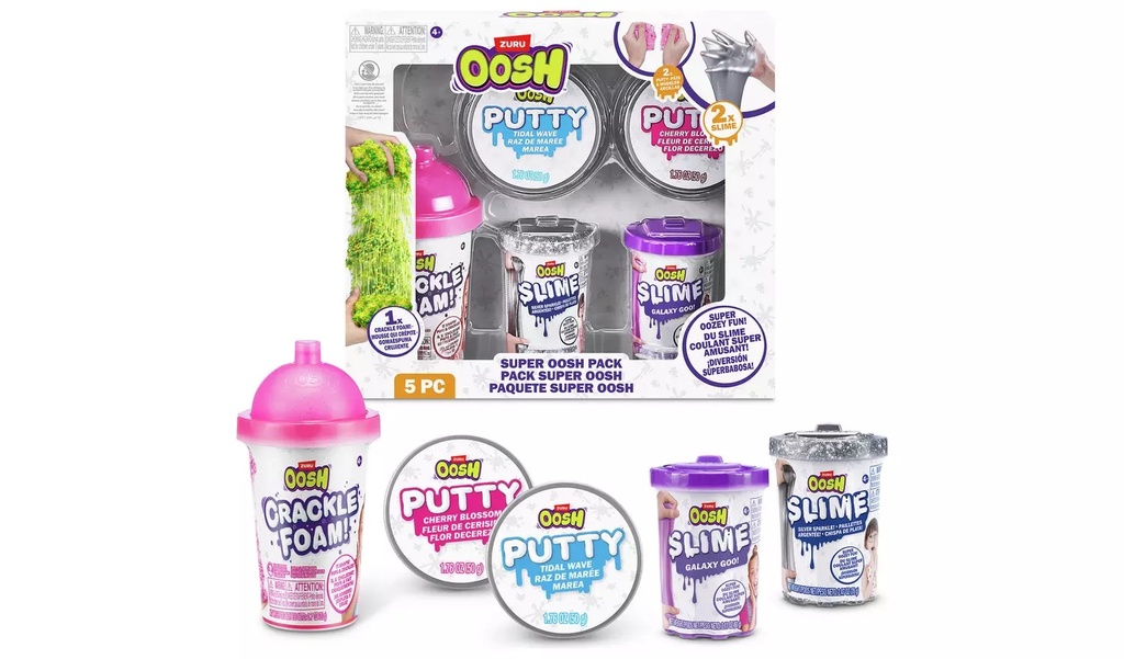 Oosh-Mix Combo 1Pk S3 Crackle Foam/ 2Pk Small Tub Slime 70G And  2Pk Putty S4 Window Box,Bulk,4Pcs 