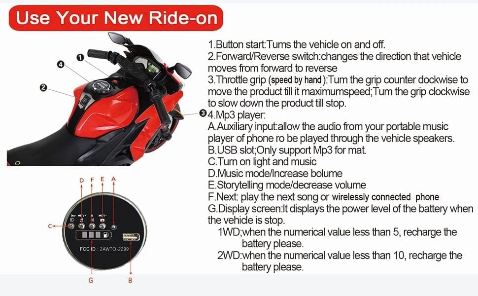 Golla - Simulated Electric Motorcycle - 12V 7AH , 390W - Red 