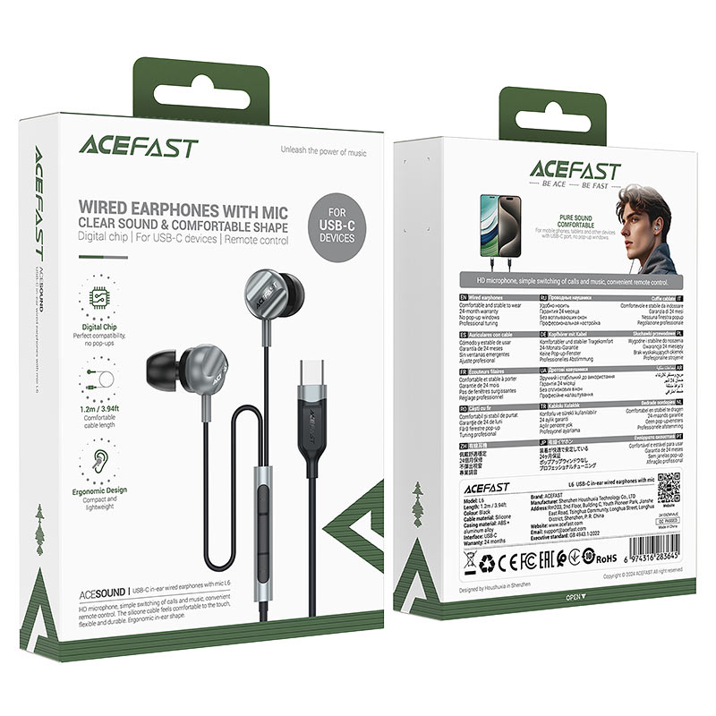 Acefast L6 USB-C in-ear wired earphones with mic, Black 