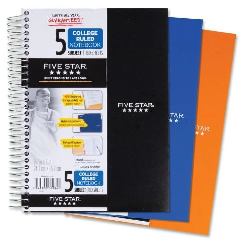 Five Star Spiral Notebook 5 Subject 180 Sheets, 24.1X15.2 Cm Assorted Plastic Cover