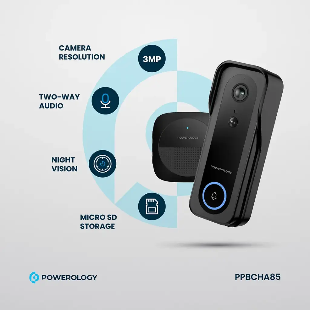 Powerology Ip65 265Gb 3Mp Infrared Smart Camera Doorbell 5200Mah With Voice,Ppbcha85,Black