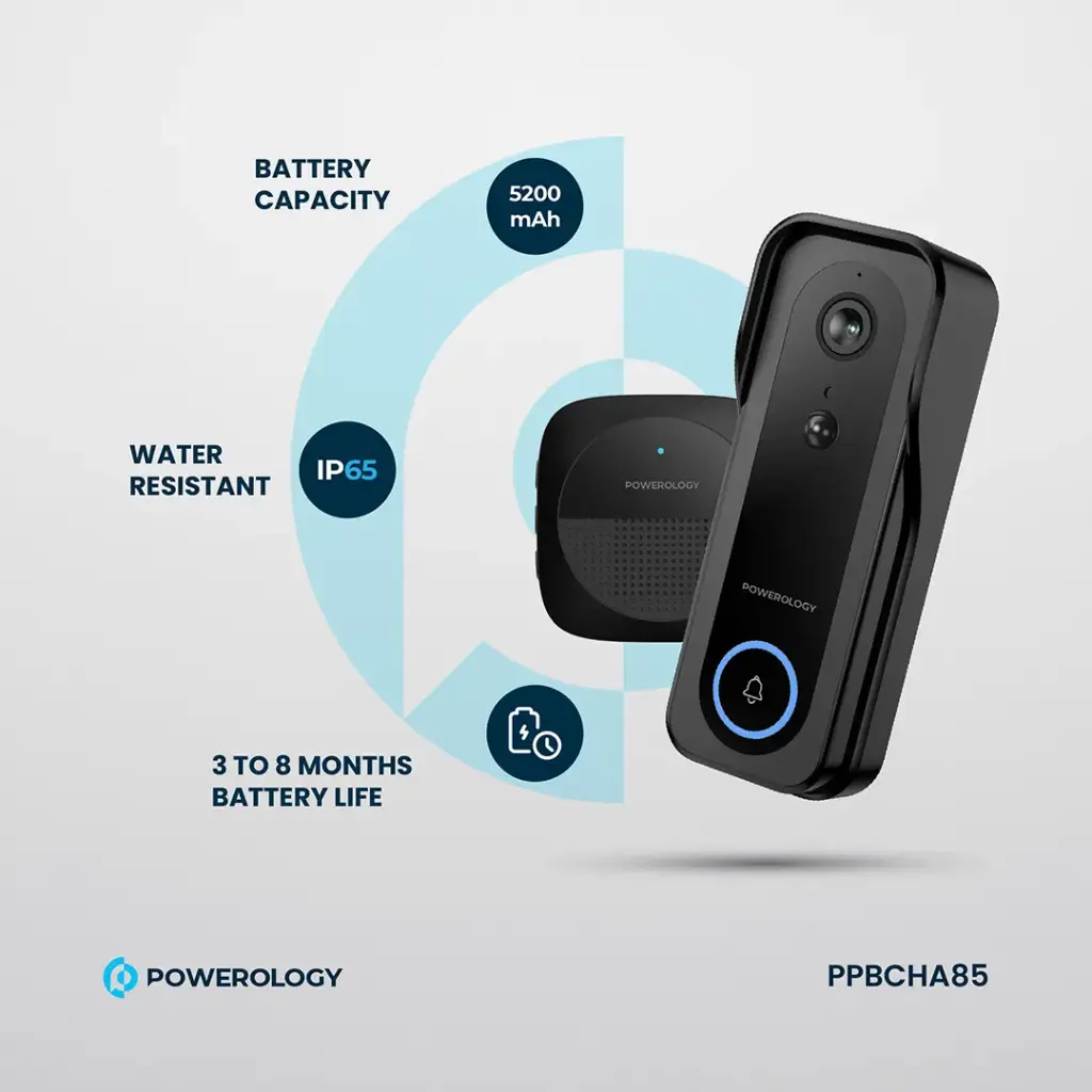 Powerology Ip65 265Gb 3Mp Infrared Smart Camera Doorbell 5200Mah With Voice,Ppbcha85,Black