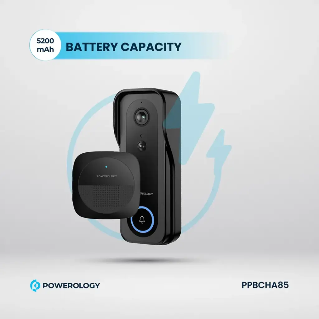Powerology Ip65 265Gb 3Mp Infrared Smart Camera Doorbell 5200Mah With Voice,Ppbcha85,Black