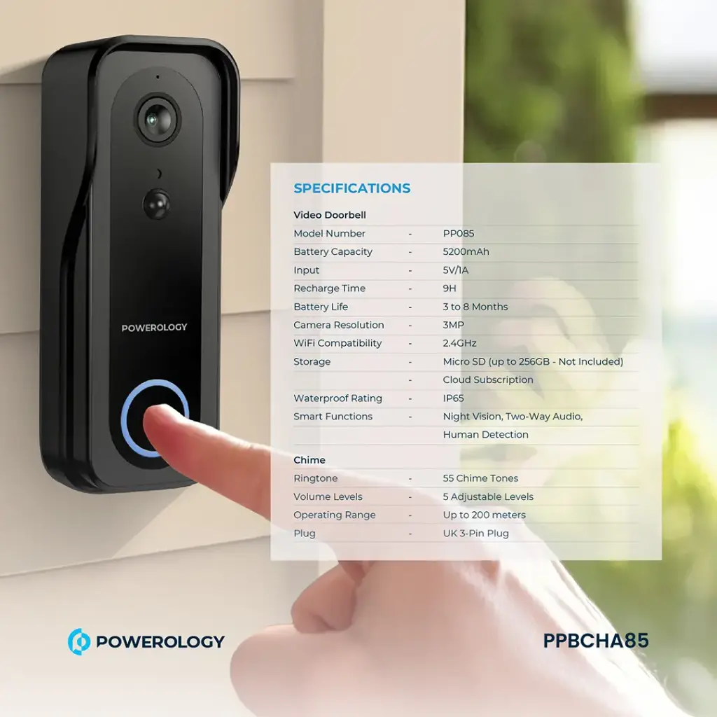 Powerology Ip65 265Gb 3Mp Infrared Smart Camera Doorbell 5200Mah With Voice,Ppbcha85,Black