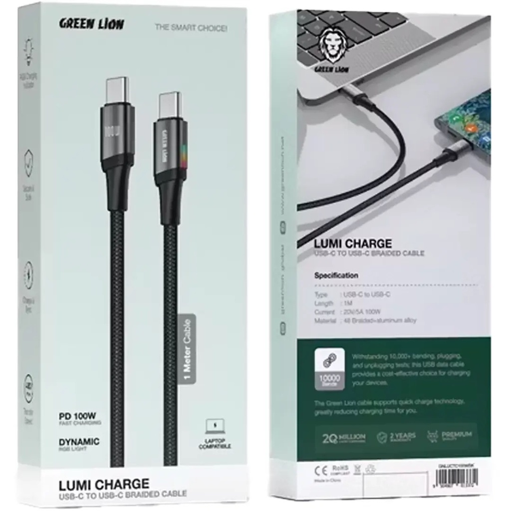Green Lion Lumi Charge Usb-C To Usb-C 1M Braided Cable Pd 100W,Black