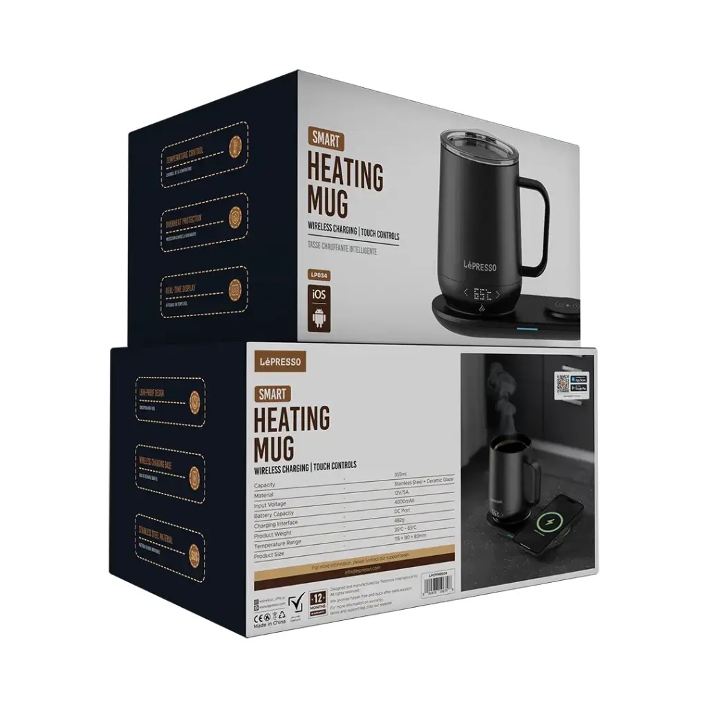 Lepresso Heated Mug 12Oz With Wireless Charging Pad - Black