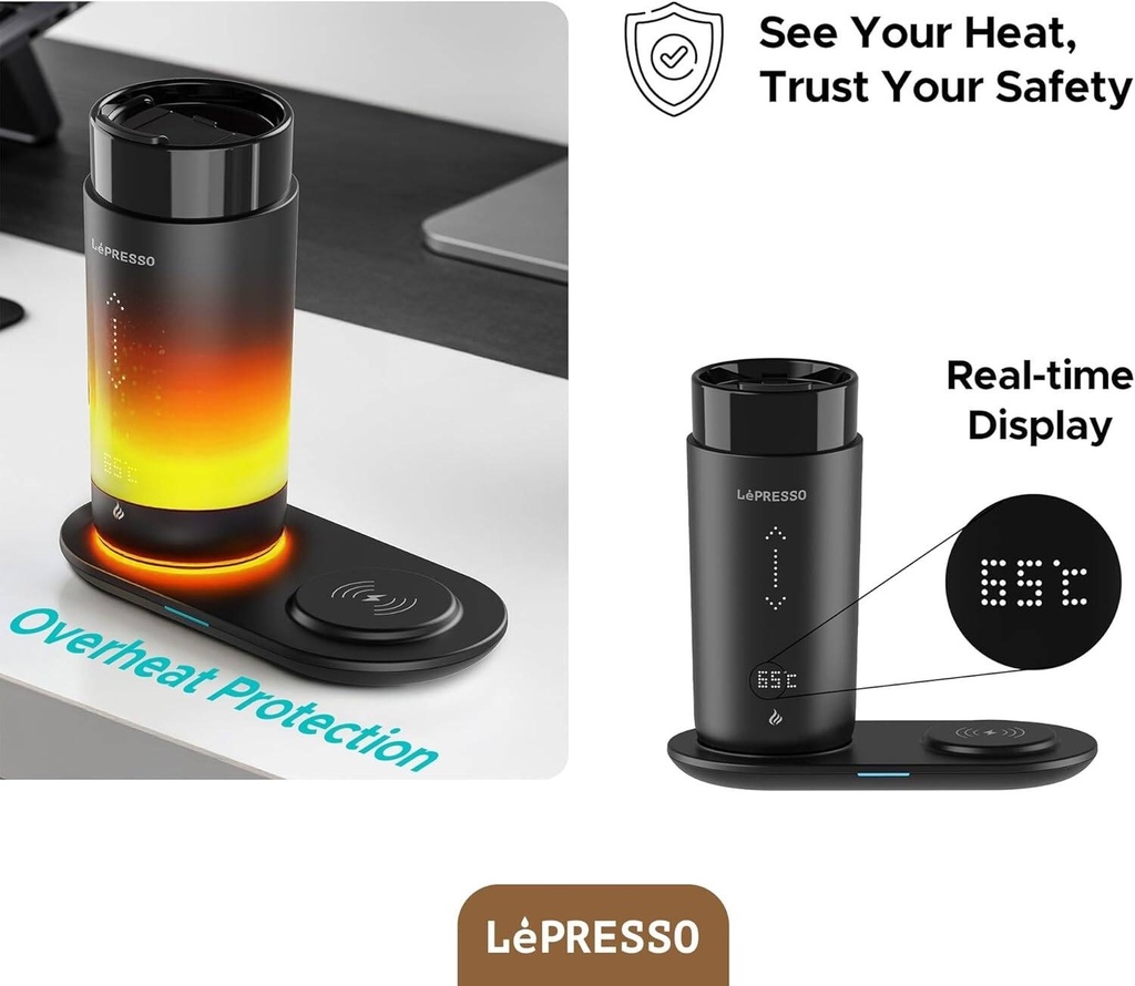 Lepresso Travel Heated Mug 12Oz With Wireless Charging Pad - Black