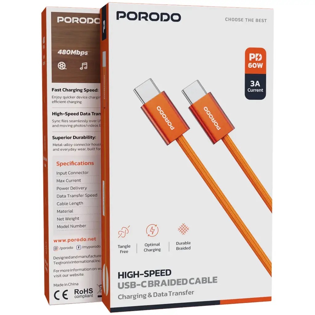 Porodo High-Speed Usb-C Braided Cable Pd60W,Pd60Wcbrog,Orange