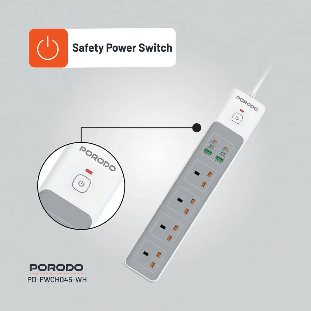 Porodo 4Ac 65W 3000W Power Strip,Pdfwch045Wh,White