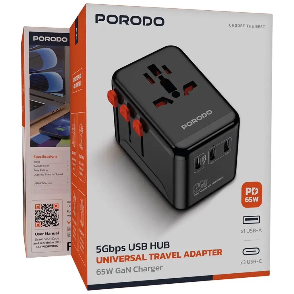 Porodo 5Gbps Usb Hub Universal Travel Adapter,Pdfwch091Bk,Black