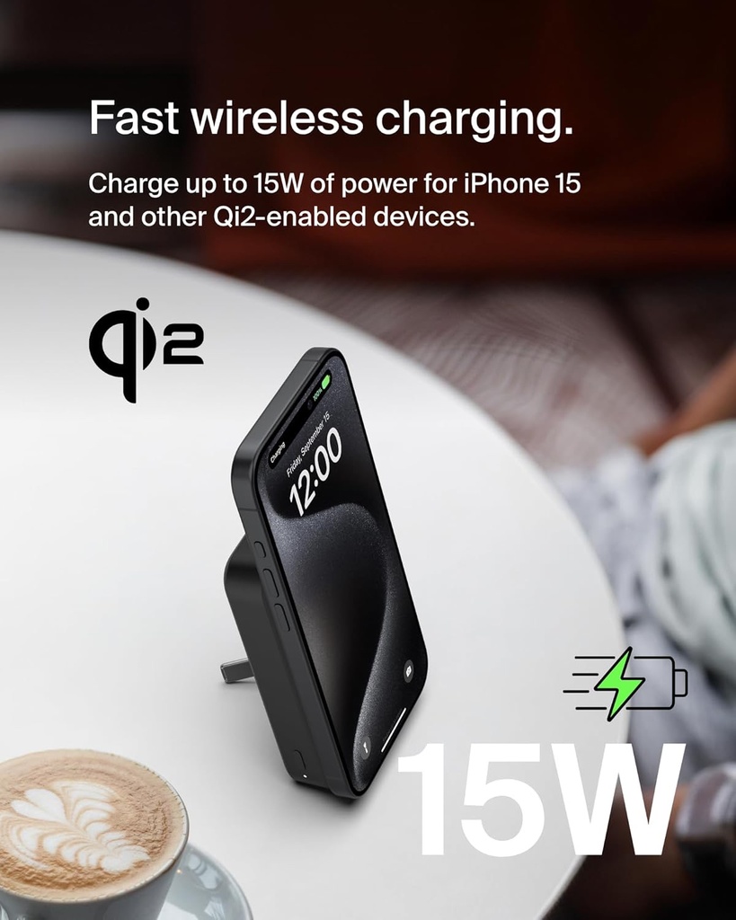 Belkin Boostcharge Qi2 Magnetic 15W Wireless Power Bank 10K + Stand, For Iphone 15/14/13/12 Black