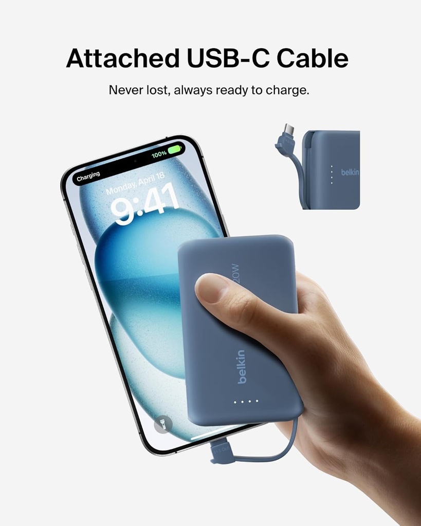 Boostcharge Power Bank 10K, Pd 20W With Usb-C Integrated Cab Blue 
