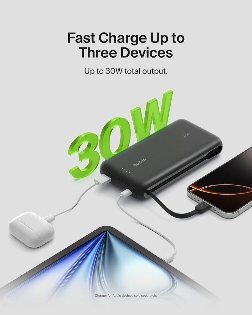 Boostcharge Power Bank 20K, Pd 30W With Usb-C Integrated Cable And Usb-C & Usb-A Ports, Black