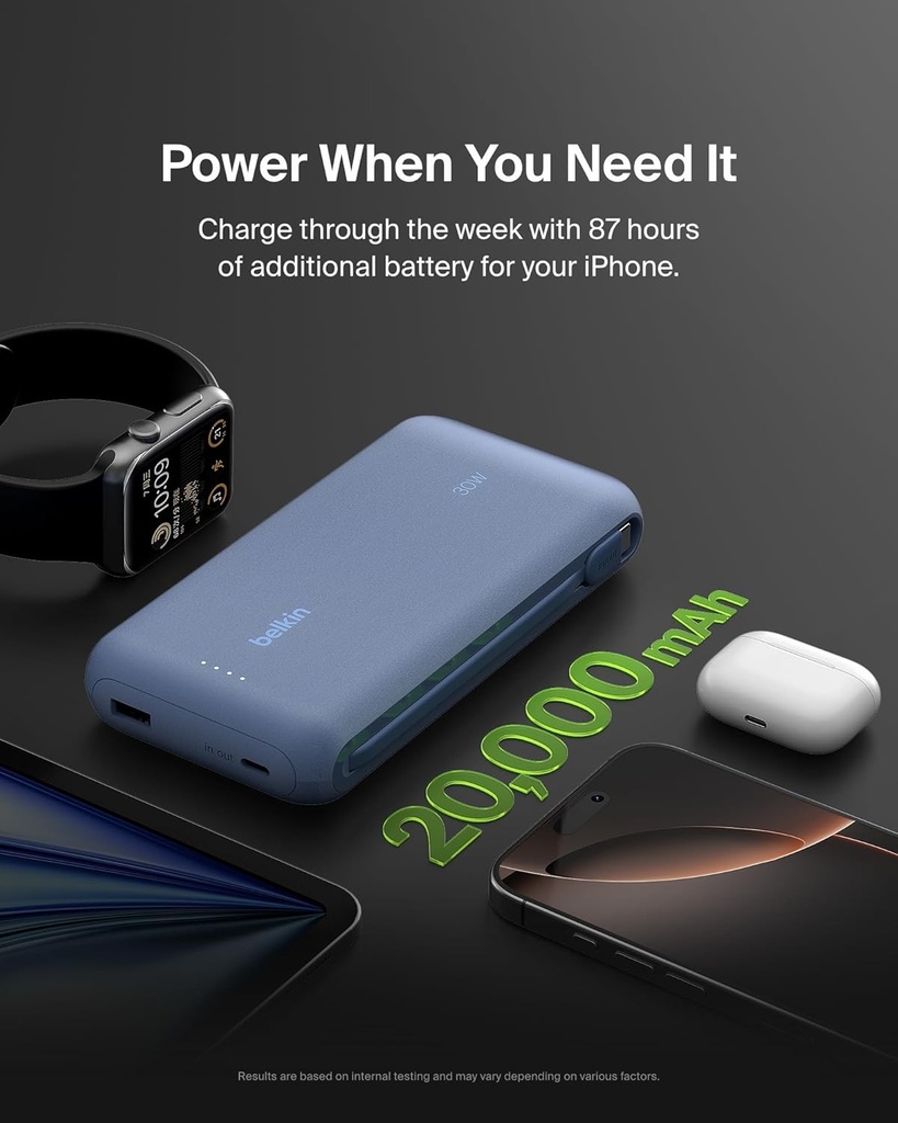 Boostcharge Power Bank 20K, Pd 30W With Usb-C Integrated Cable And Usb-C & Usb-A Ports, Blue