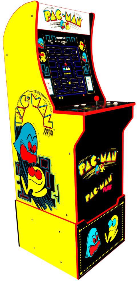 Arcade Pac-Man Home Arcade Game w/ Light Up Marquee, Licensed Stool & Riser - ماكينة ألعاب 