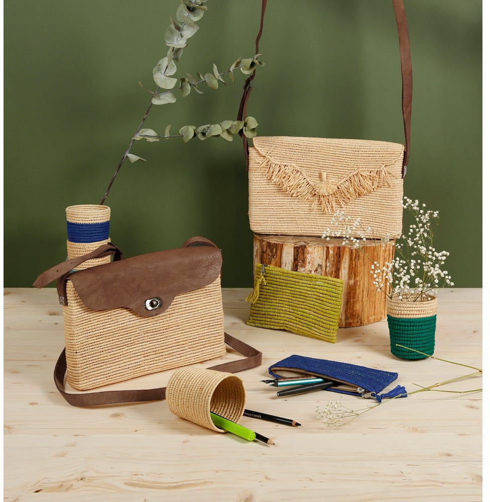 Pencil Case Flat, 24 X 11 Cm On Raffia, Pistachio Green, Hedera