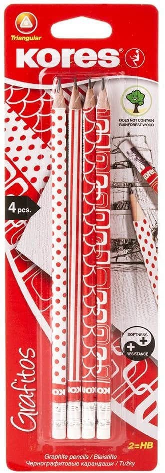 Pencil With White Eraser"Grafitos" Red/White Edition, Triangular No.2=Hb, Sharpened 4 Pencils
