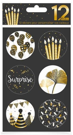 Stickers Party - Birthday, Set Of 12 Pcs, Black & Gold