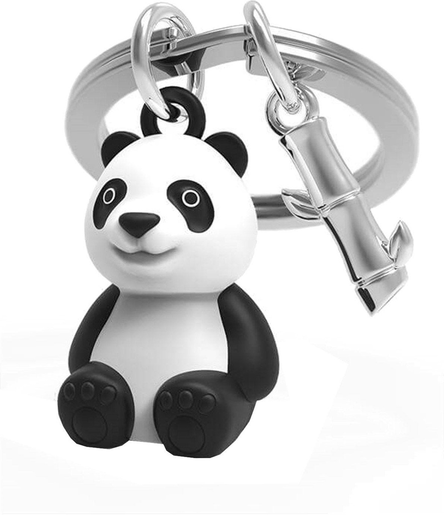 Animals Collection - Keyholder Panda & Bamboo Leaf - Black/White Body + Shiny Chrome Bamboo Stick