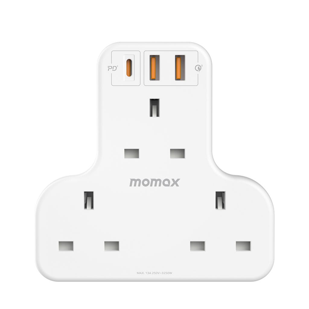 Momax Oneplug 3-Outlet T-Shaped Extension Socket With USB - White