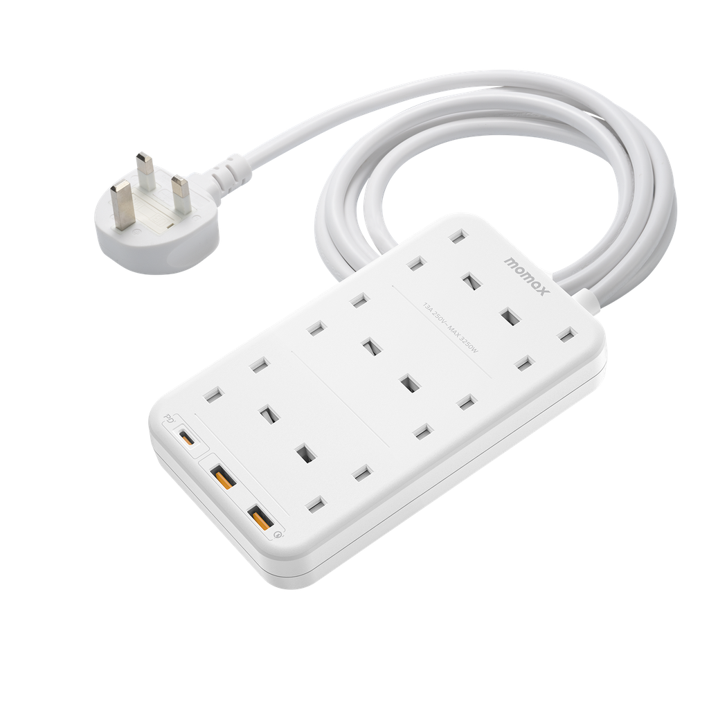 Momax Oneplug 6 Outlet Cube Extension Socket With USB - White