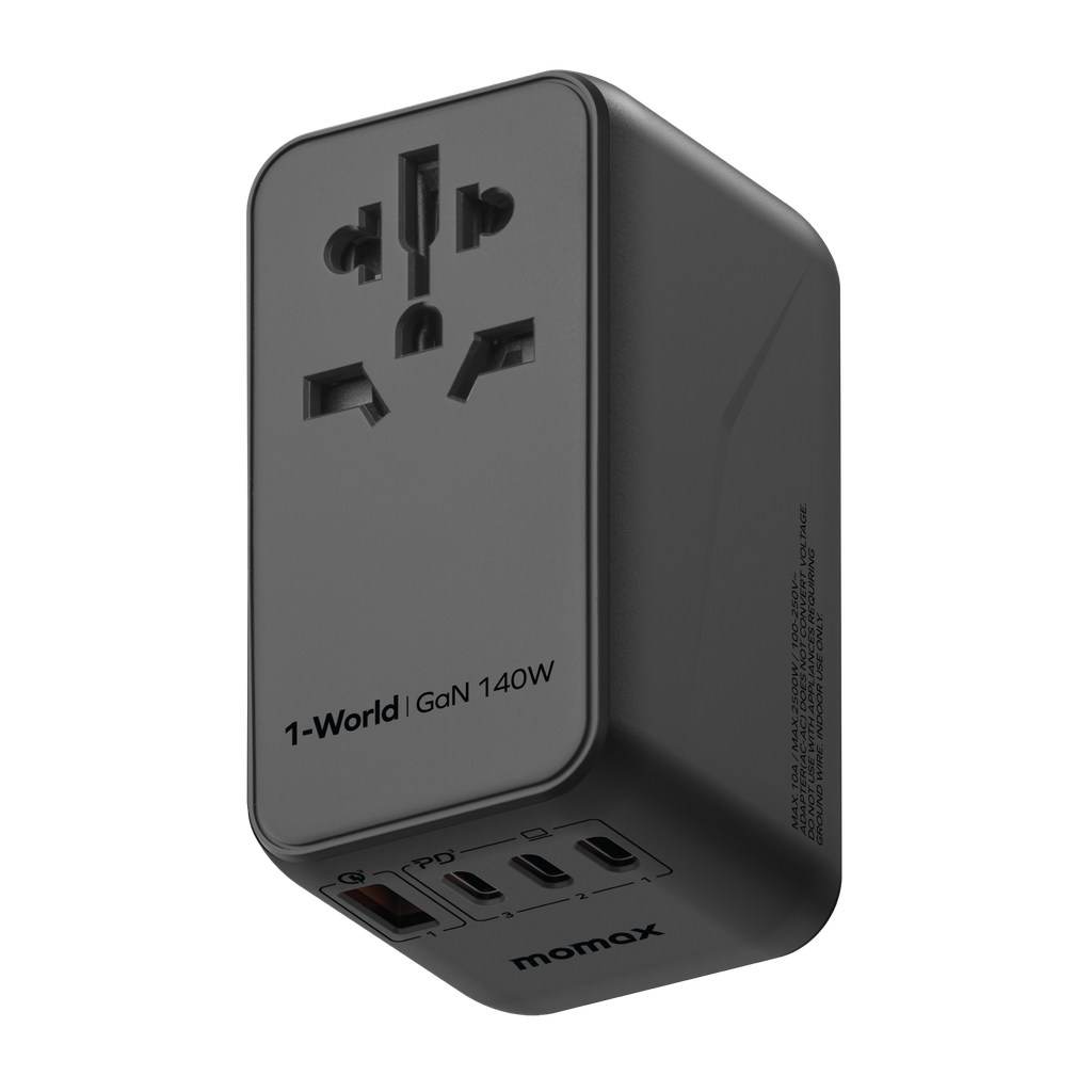 Momax 1-World 140W Gan 4 Ports Ac Travel Adapter Including 140W Usb-C To Usb-C Cable